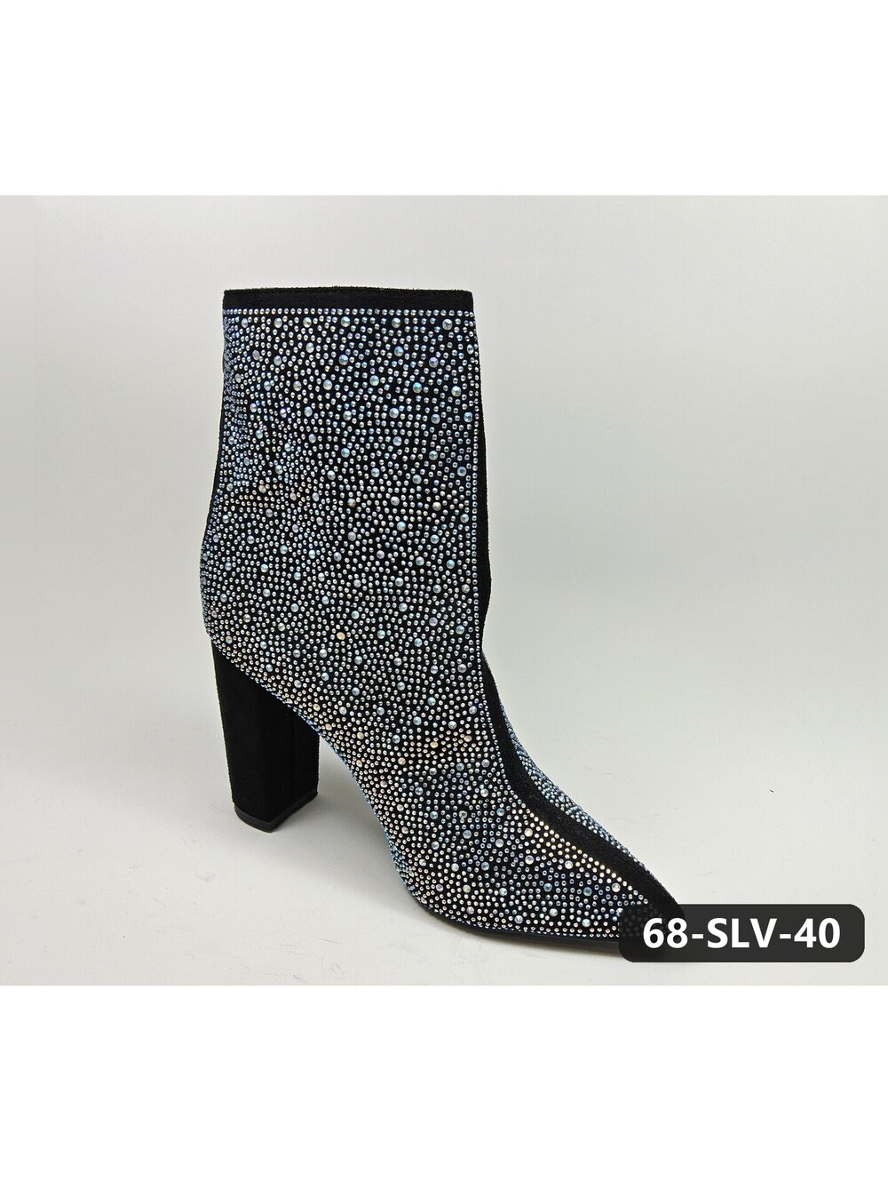 Women's Black Ankle Boots Covered in Silver Iridescent Rhinestones